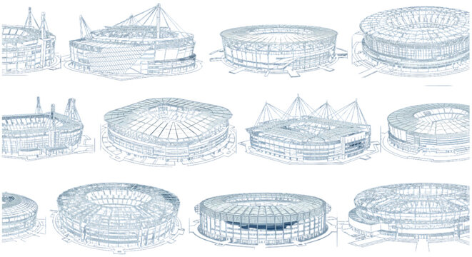 Collection of Architectural Wireframe Stadium Designs and Blueprints for Modern Sporting Arenas