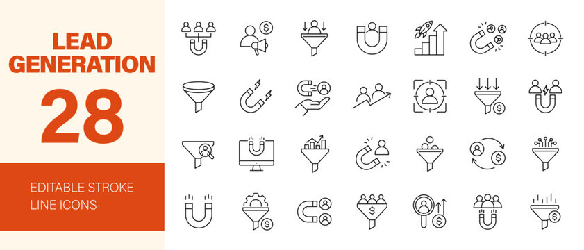 Lead generation icon set. Editable line icons. Vector illustration.