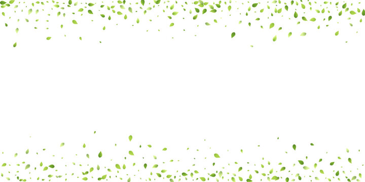 Leaves Green Falling. Spring Flying Foliage. Chaotic Leaf On White Background. Ecology Design, Nature Elements. Spring Sale Vector Illustration. Greenery Environment Backdrop.