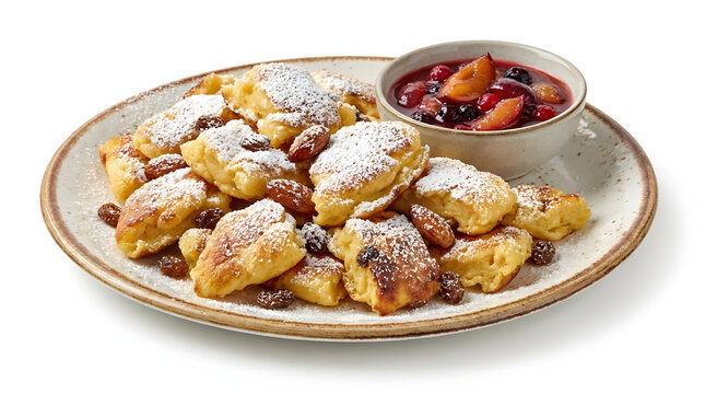Fluffy shredded Kaiserschmarrn sweet pancake dusted with powdered sugar and fruit compote, isolated on a pure white background