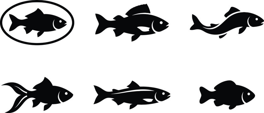 Freshwater Fish Silhouette Vector Set Featuring Bass, Goldfish, and Game Fish for Angling Sport Logos, Fishing Tackle Branding, and Aquatic Wildlife Graphic Designs