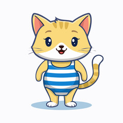 Obraz premium Cute Cartoon Cat Wearing a Striped Swimsuit