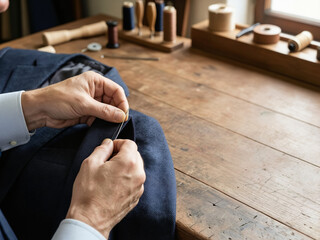 Fototapeta premium Professional Tailor Hand Sewing a Bespoke Navy Blue Suit Jacket