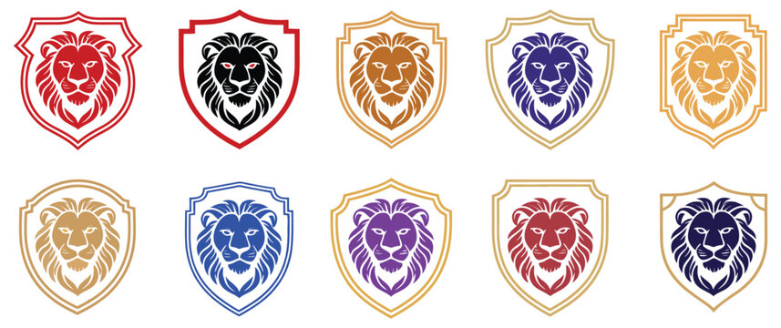 Lions emblems featuring heraldic lion king head shields isolated for luxury security branding, royal emblem vector elements and decorative crest design
