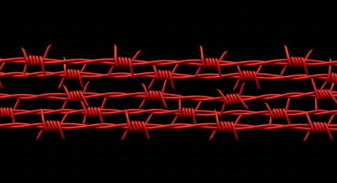 Red barbed wire fence on black background close-up detailed texture industrial security concept