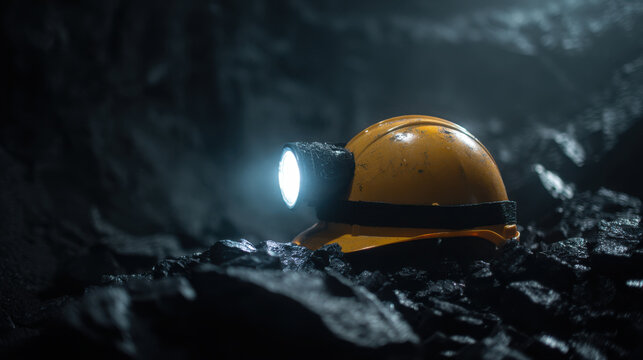 Yellow mining hard hat with headlamp on coal