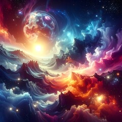 Naklejka premium A vibrant cosmic scene with swirling clouds and stars