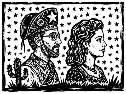 Brazilian Cordel Style Woodcut Illustration of Cangaceiro Couple Lampi&atilde;o and Maria Bonita in the Sert&atilde;o