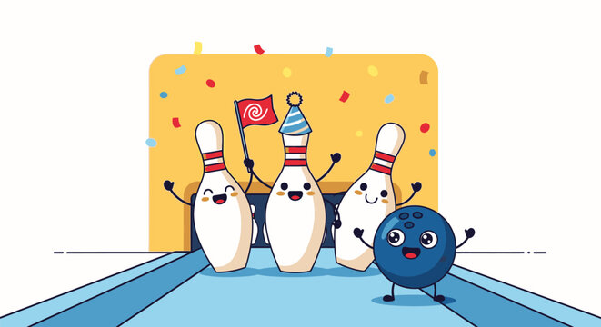 A cartoon bowling ball knocks down pins with confetti celebration