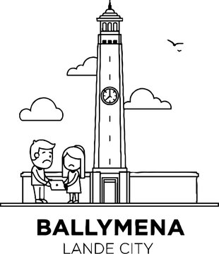 Line Art Illustration of Clock Tower and People in Ballymena