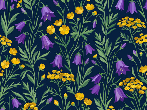 Seamless Floral Pattern with Purple Bellflowers and Yellow Wildflowers on Navy Blue Background