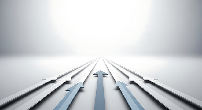 Multiple arrows pointing forward on a bright, infinite white background, symbolizing progress and direction.
