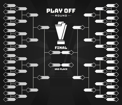 Tournament playoff bracket template for sports competition with 32 team on dark background