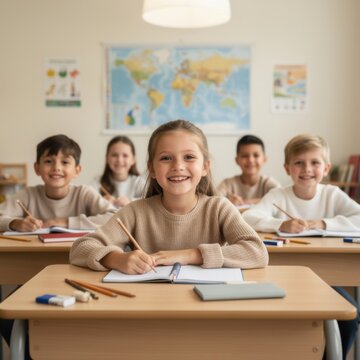 Group of diverse elementary school children sitting at desks and smiling in a bright classroom for primary education, k-12 learning platforms and back to school marketing