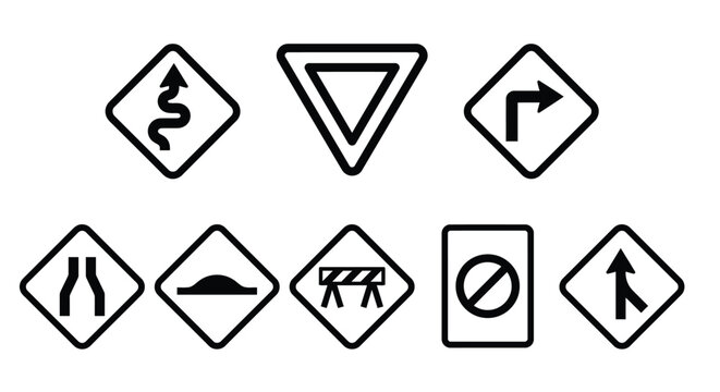 road sign icons set black and white traffic warning symbols on white background