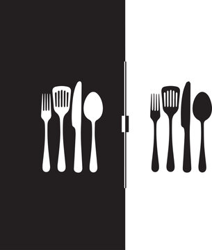 Kitchen Cutlery Icons Set, Fork Knife Spoon and Spatula Vector