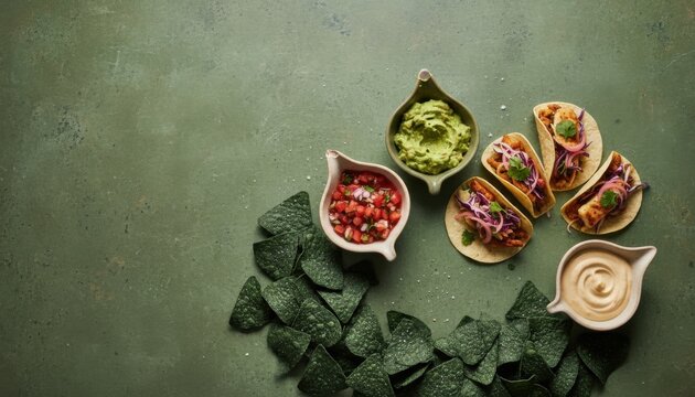 Mexican Street Tacos with Green Corn Chips and Salsas on a Textured Stone Surface with Copy Space for Festive Food Marketing and Restaurant Menu Branding