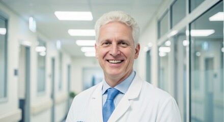 Fototapeta premium Portrait of a friendly middleaged male doctor smiling at the camera in a modern hospital hallway