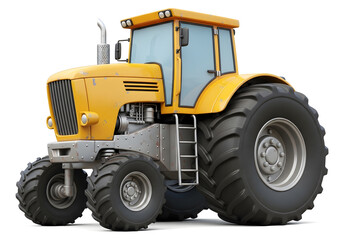 Obraz premium Powerful yellow farm tractor with oversized tires, isolated on white. Ideal for agriculture, machinery advertising, industrial catalogs, and business presentations.