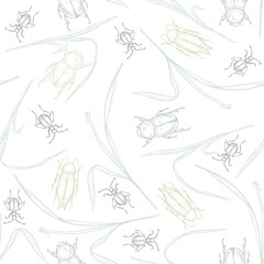 Naklejka premium Vector seamless pattern with beetles and wild herbs soft colors. Vintage style vector illustration of insects and botanical blades of grass hand drawn. Wildlife bugs repeat background for textile.