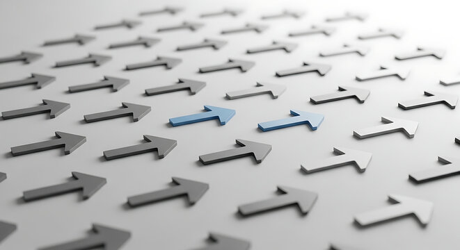 Two blue arrows pointing in the opposite direction among many grey arrows, symbolizing individuality and a different path.