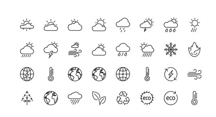 Fototapeta premium Climate and weather outline icons set with environmental and eco symbols editable thin line vector collection