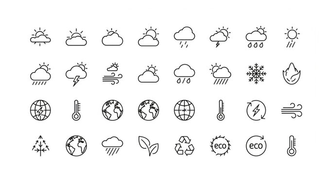 Climate and weather outline icons set with environmental and eco symbols editable thin line vector collection