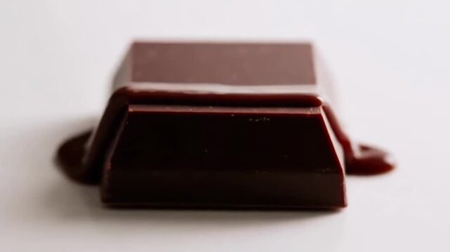 Melting dark chocolate piece slowly disintegrates on white surface