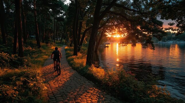Biking along the river at sunset near the forest