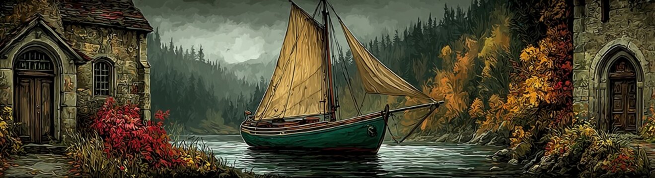 Sailboat on river near old buildings in autumn season