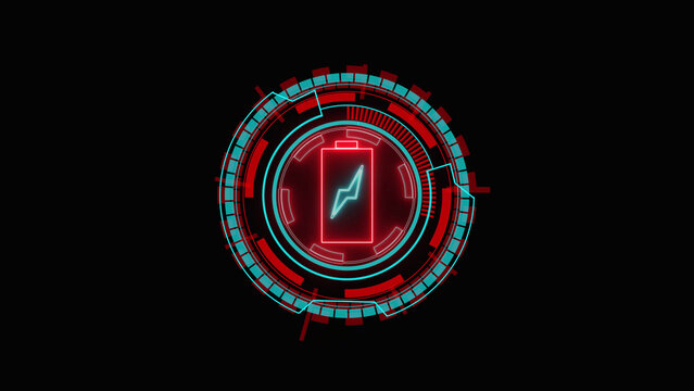 Glowing red and blue digital circle frame with a central rectangle icon for futuristic technology and gaming interface design elements