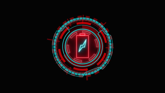 Glowing red and blue digital magic circle portal with a central lightning bolt symbol for futuristic gaming interface or sci-fi fantasy user effects