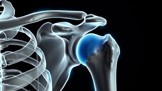 Macro cinematic 3D medical animation of the human shoulder joint anatomy featuring glowing blue neon bones on a deep black background