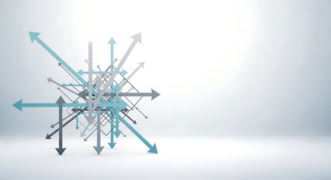 A cluster of blue and grey arrows pointing in multiple directions, symbolizing complexity, data flow, or strategic choices on a clean white background.