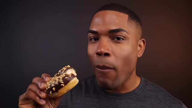 Enthusiastic enjoyment of a sweet treat by a satisfied individual with a chocolate donut