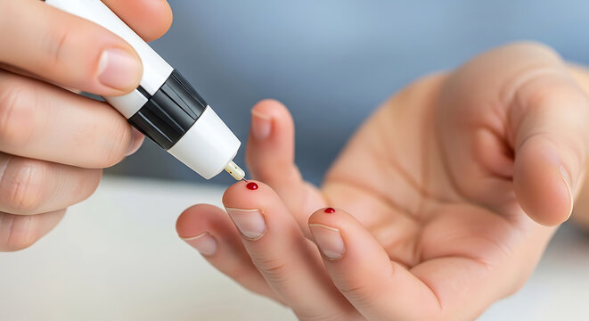Person using lancet device to prick finger for sample with red drop
