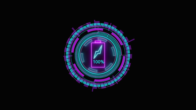 Neon glowing futuristic circle hud interface with digital tech elements and central light sign for data display and sci fi motion graphics design isolated on black background for modern technology