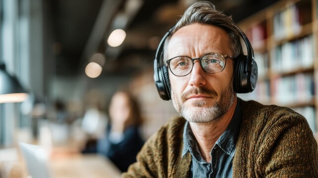 Adult man wearing noise canceling headphones working calmly at library desk, neurodiversity and autism spectrum concept illustrating sensory comfort inclusivity and workplace accommodation support.