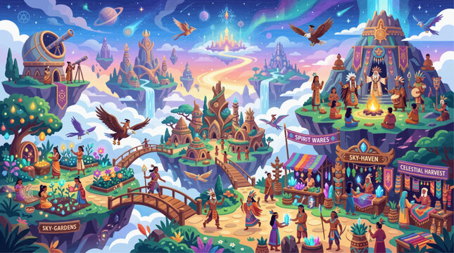 Native-inspired people thriving in a magical floating island kingdom, sky garden and market