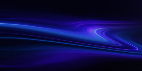 Neon blue and violet flowing light trails on black background with liquid motion effect and grainy texture for tech concept. © Md