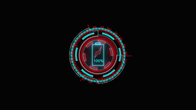 Digital battery icon with futuristic glowing neon circular hud interface elements in cyan and red colors for technology and energy power loading concepts on a dark background