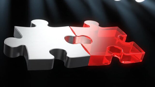 3D Animation of a Silver and a Red Puzzle Piece Joining Together on a Dark Background, Representing Business Strategy, Connection, Collaboration, and Problem Solving.