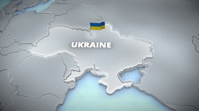 3D Map of Ukraine Highlighted with National Flag and Text Label for Geopolitical News and Educational
