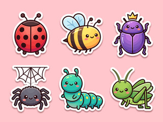 Naklejka premium Cute Cartoon Insect Sticker Set featuring Ladybug, Bee, Beetle, Spider, Caterpillar, and Grasshopper - Kawaii Garden Bug Illustrations for Kids