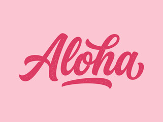 Aloha Hand Lettered Script Typography on Pink Background - Tropical Hawaiian Greeting Calligraphy Illustration © Godel
