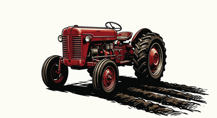 Red vintage tractor illustration with textured background © Sonjita
