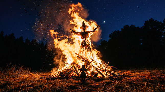 Mysterious straw effigy figure burning intensely in a large bonfire at night with sparks flying against a dark starry