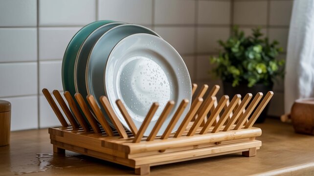 Wooden dish drying rack with stacked plates on a kitchen counter