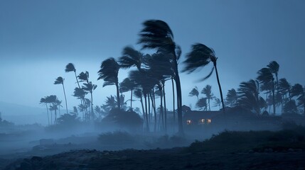 Obraz premium Tropical Storm With Palm Trees Swaying Violently On Dark Rocky Shore For Weather Disaster Concepts