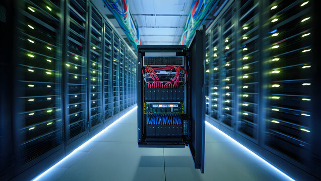 Server Room Interior: An illuminated server room showcases rows of computer servers, highlighting data storage and processing capabilities.